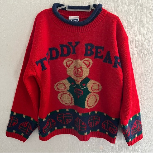 Vintage Noah's Ark Toddler Red/multicolor Teddy Bear Pullover Sweater Sz 3 - Picture 1 of 6